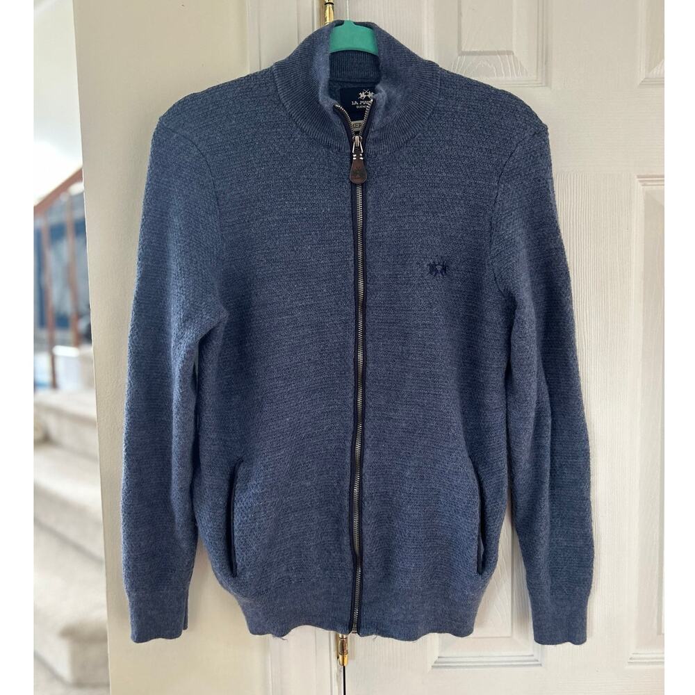 La Martina Buenos Aires Navy Blue Waffle Merino Full Full Zip Sweater